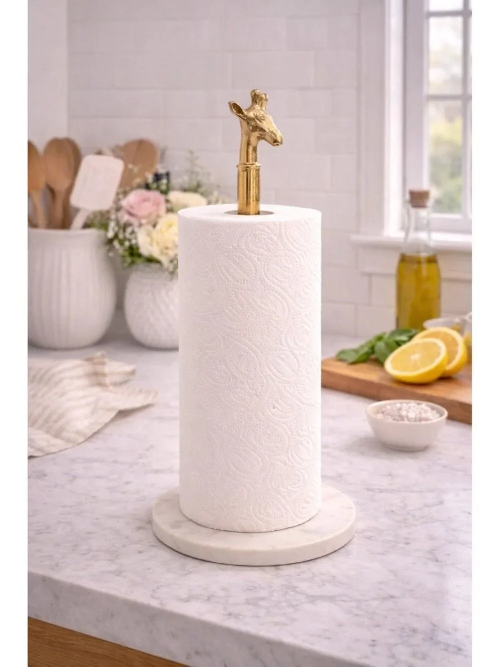 New Gold Metal Giraffe Table Top Paper Towel Holder W/ Marble Base Kitchen Decor